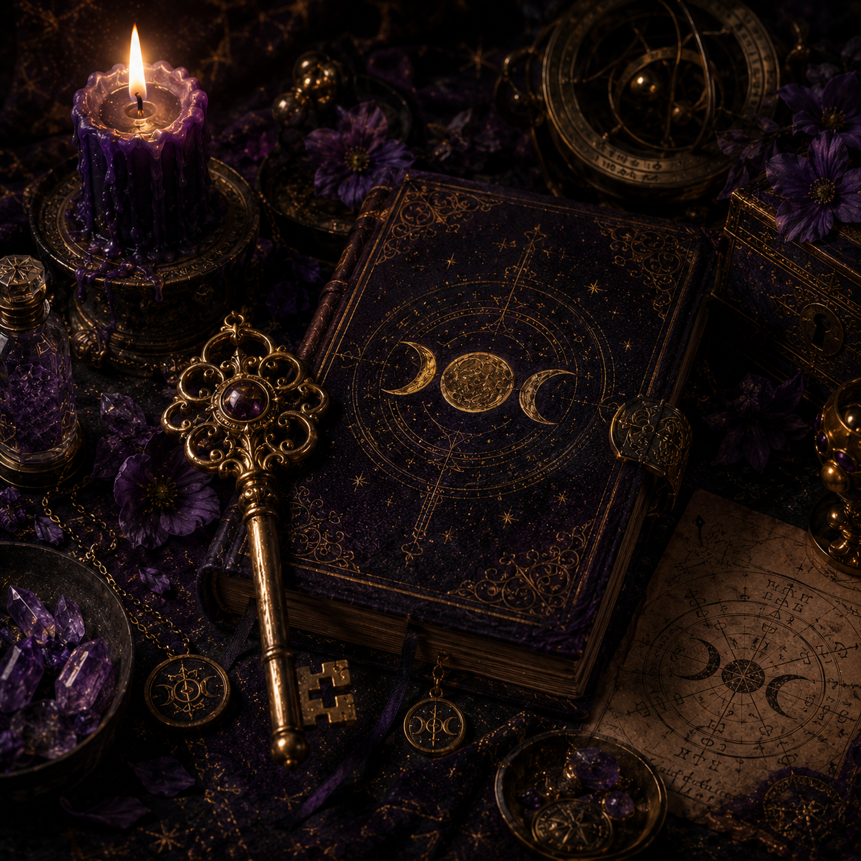 Mystic grimoire with golden key and candlelight
