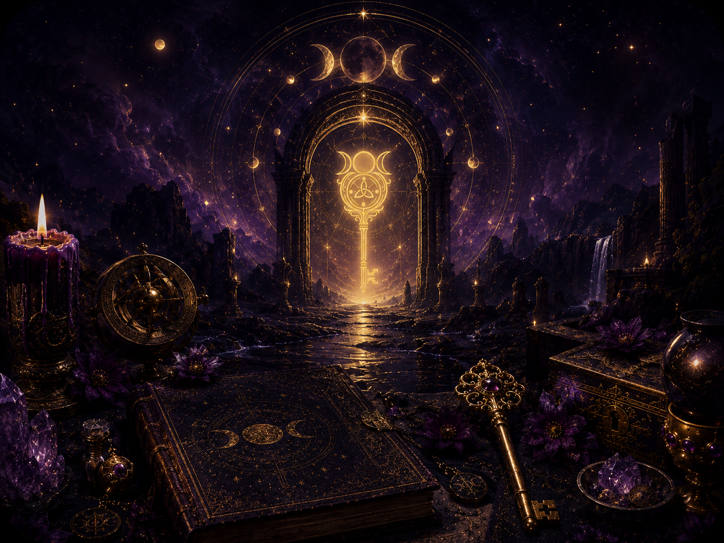 Mystical threshold portal with golden sigil, grimoire, and celestial altar
